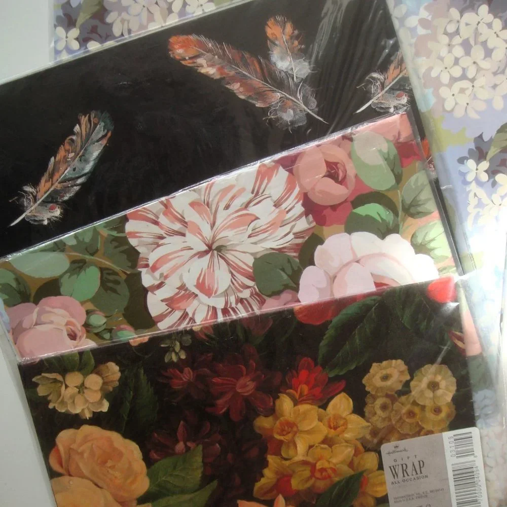 Vintage HALLMARK Floral & Feather Gift Wrapping Paper 4 Designs